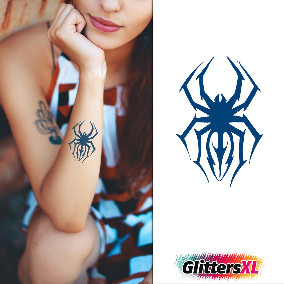 GlittersXL - Temporary Tattoo Spin (6x6 cm) [Semi-Permanente Neptattoo - Tijdelijke tatoeage - Nep Fake Tattoos - Water overdraagbare festival sticker henna outfit tattoo - Glitter tattoo - Volwassenen Kinderen Jongen Meisje]